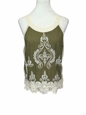 Ultra Pink Lace-Trim Olive Embroidered Halter Tank Top